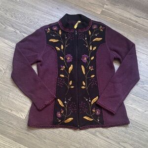 Alpaca Fashion |Made in Peru Purple Floral Embroidered Zip Up Sweater Size Large
